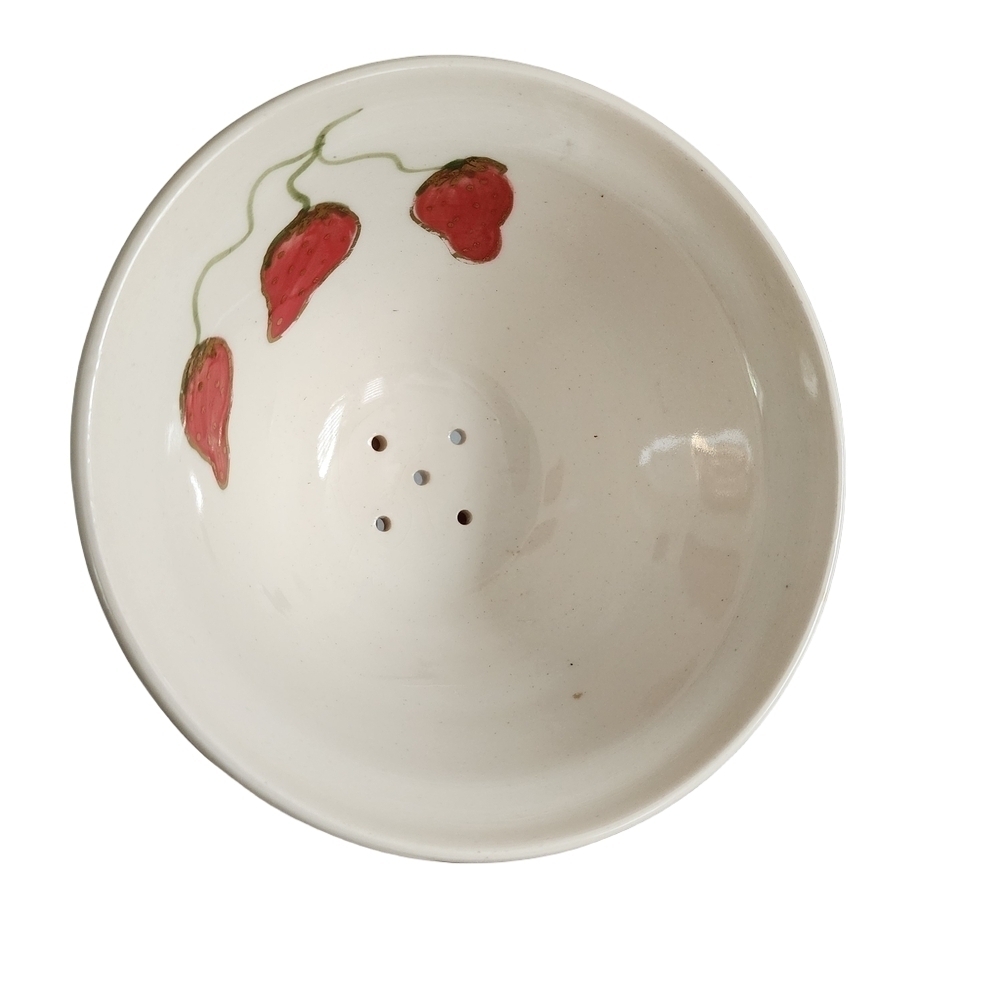 Vintage Wheel-thrown Ceramic Berry Strainer Bowl With Handpainted Strawberries - Picture 2 of 9